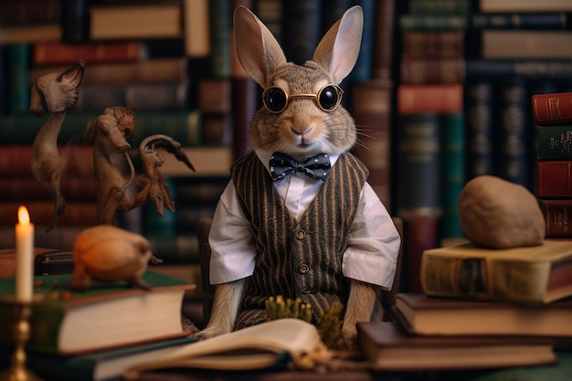 A rabbit sits in front of a book and a book.