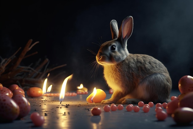 A rabbit sits in front of a candle lit with candles.