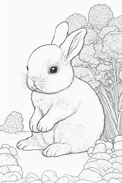 A rabbit sits in a garden with flowers and a bunch of flowers.