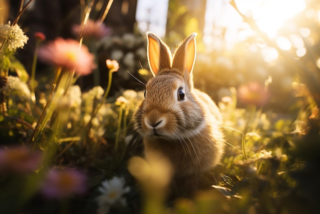 A rabbit sits in the grass in a clearing