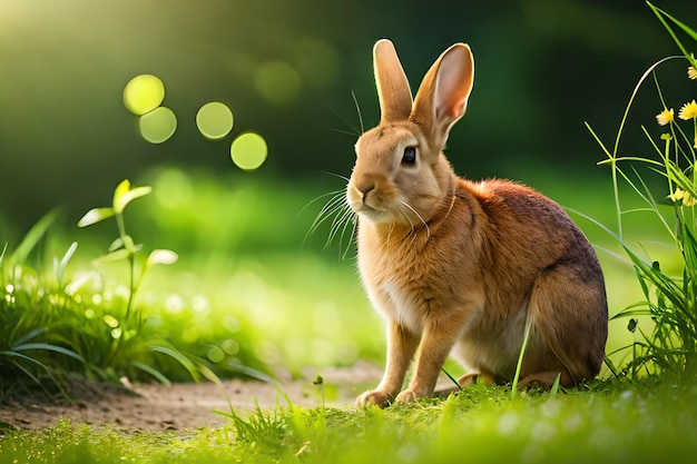 A rabbit sits in the grass in front of a blurred background