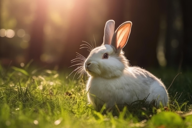 ウサギが草の上に座って太陽の下で人工知能で作られた