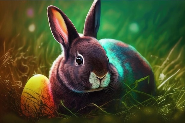 A rabbit sits in the grass with easter eggs.