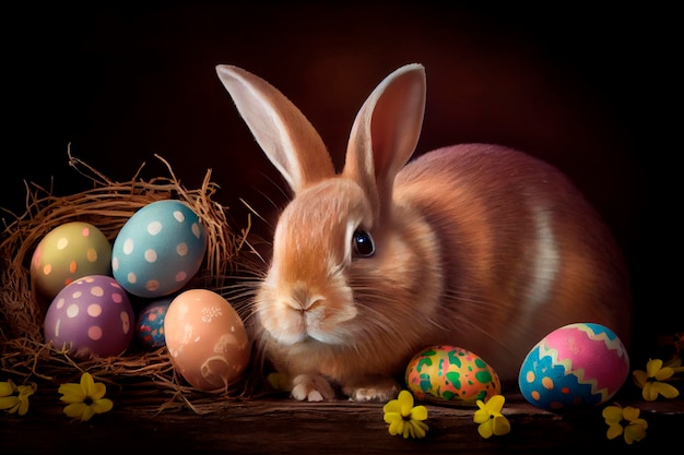 A rabbit sits next to a nest of easter eggs.