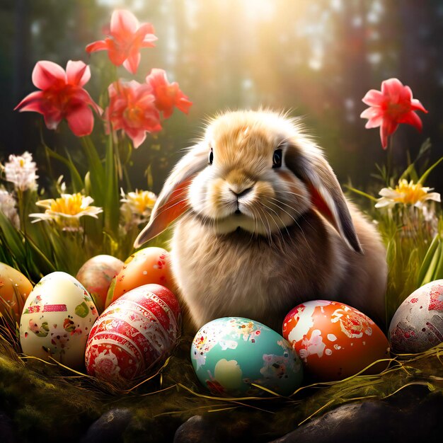 Photo a rabbit sits in a nest with easter eggs in the background