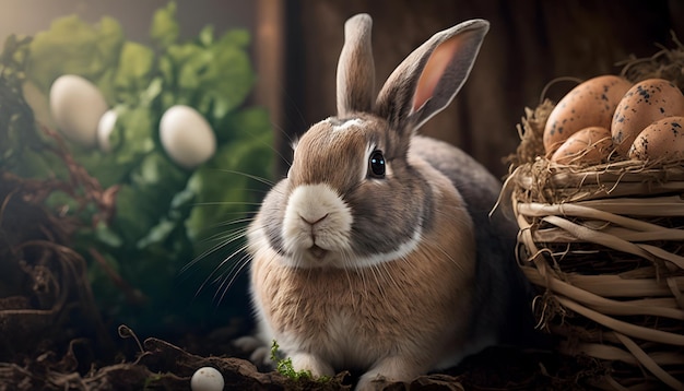 A rabbit sits in a nest with eggs and a basket of eggs.