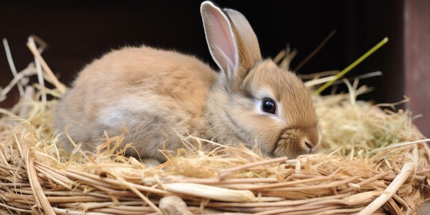 A rabbit sits in a nest