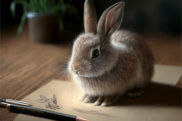 A rabbit sits on a piece of paper with a pencil drawing of a rabbit.