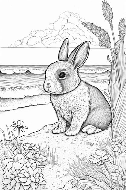 A rabbit sits on a rock by the ocean.