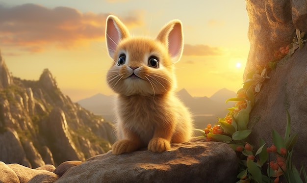 a rabbit sits on a rock and looks at the sunset