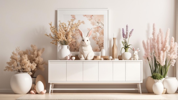 a rabbit sits on a shelf in a room with a picture of a rabbit on it