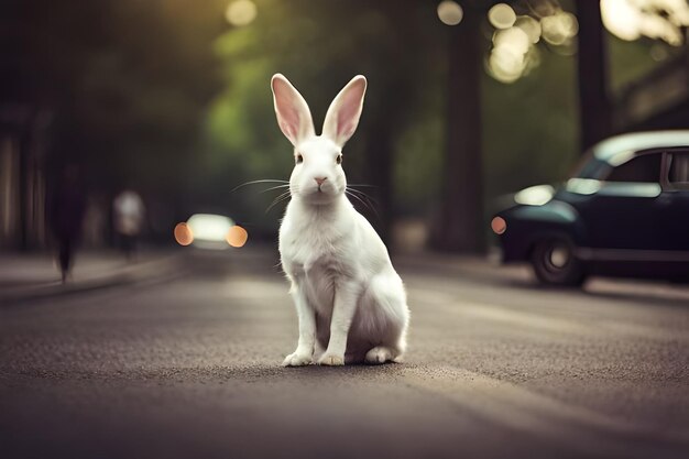 A rabbit sits on the street in the middle of the road