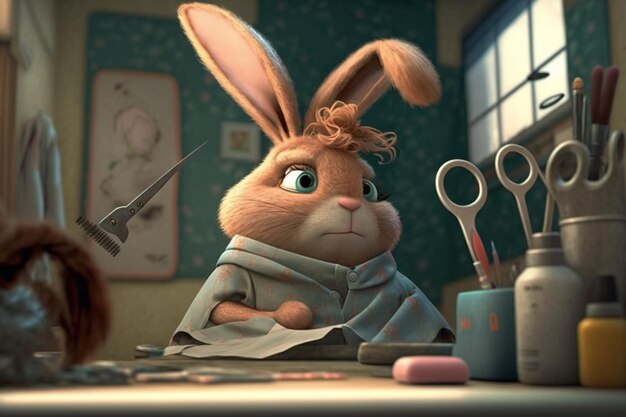 Photo a rabbit sits at a table in front of a window with a pair of scissors.