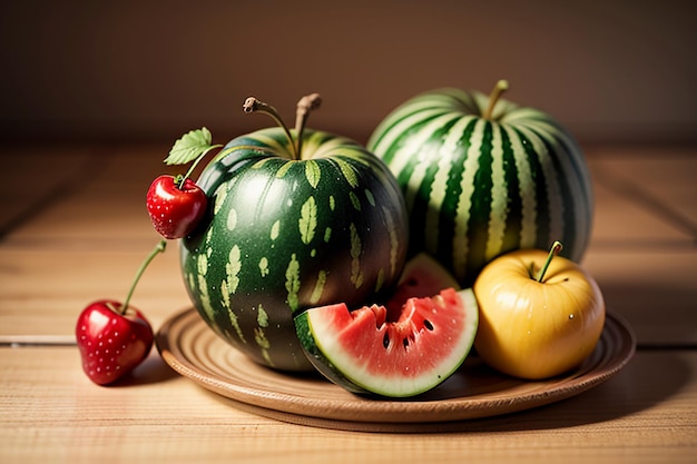 A rabbit sits among watermelon apple and strawberry and enjoys delicious food