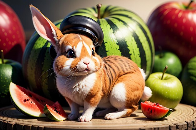 A rabbit sits among watermelon apple and strawberry and enjoys delicious food