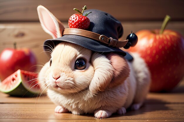 Кролик сидит среди арбузного яблока и клубники и наслаждается вкусной едой