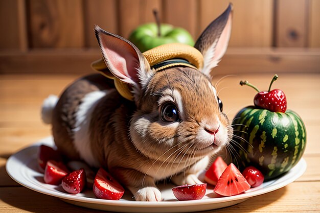 ウサギはスイカ、リンゴ、イチゴの間に座っておいしい食べ物を楽しんでいます