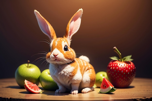 A rabbit sits among watermelon apple and strawberry and enjoys delicious food