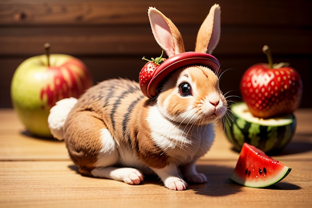 A rabbit sits among watermelon apple and strawberry and enjoys delicious food