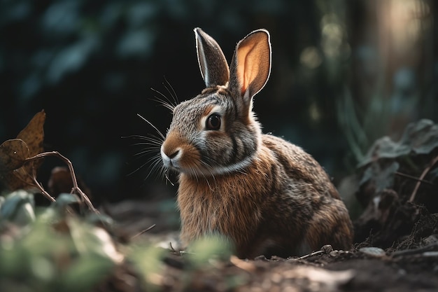 A rabbit sits in the woods in front of a dark background.