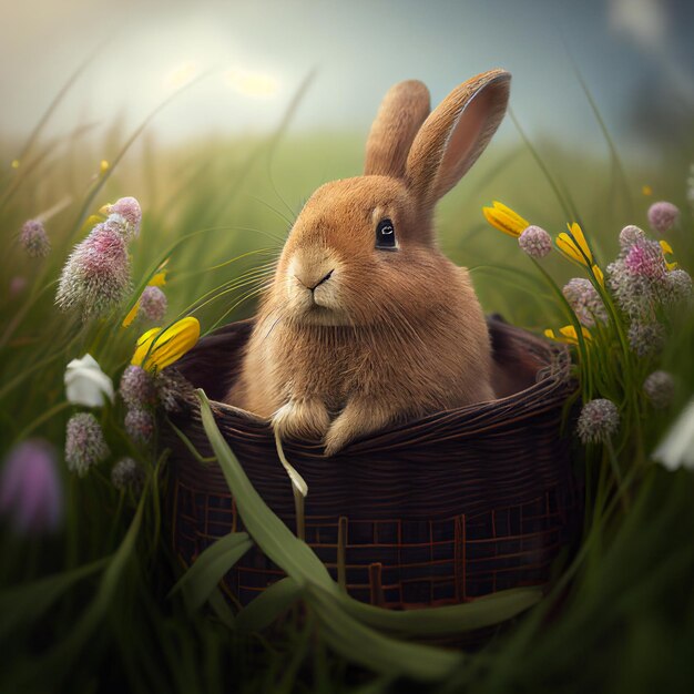 Rabbit sitting in the basket on spring meadow Generative AI