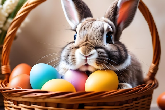 Rabbit Sitting in Basket With Eggs