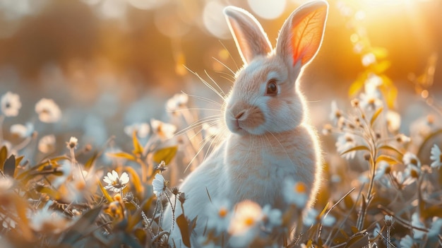 Rabbit Sitting in Field of Daisies