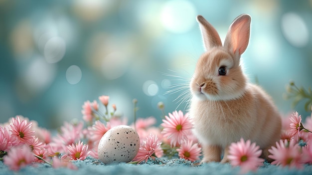 A rabbit sitting in a field of flowers next to a white egg with a brown face and ears