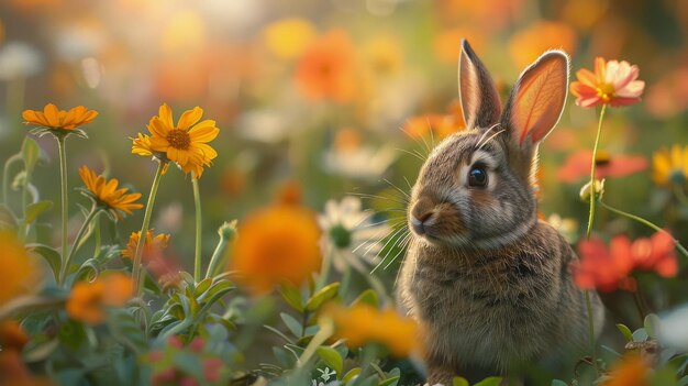 Rabbit Sitting in Field of Flowers