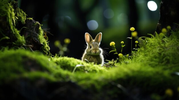 A rabbit sitting in a field of moss and flowers ai