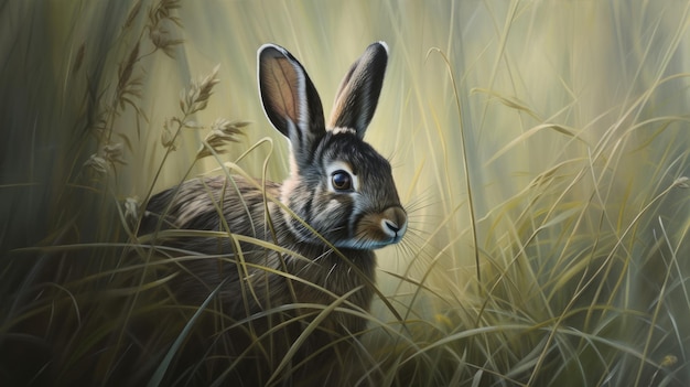 Photo a rabbit sitting in a field of tall grass a photorealistic painting generative ai