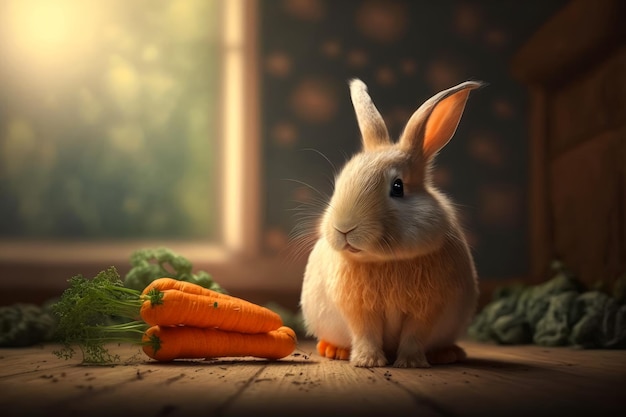 Rabbit sitting on the floor next to some carrots Generative AI