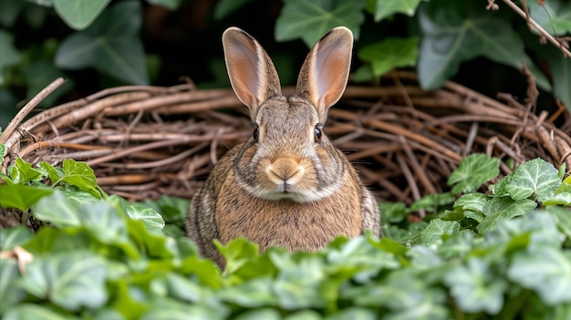 Rabbit Sitting Next to Grass and Basket