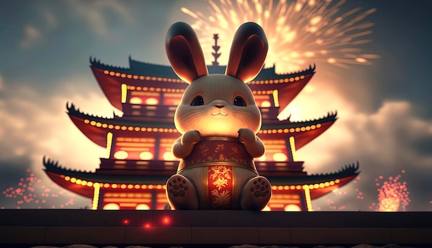 Rabbit sitting on the ground in front of a pagoda with fireworks in the sky year of the rabbit chinese new year