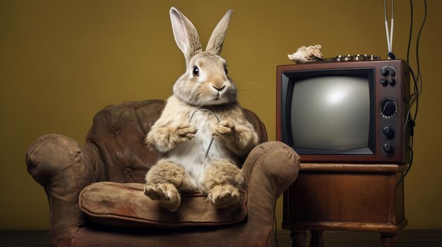 A Rabbit Sitting On Miniature Couch Watching Background