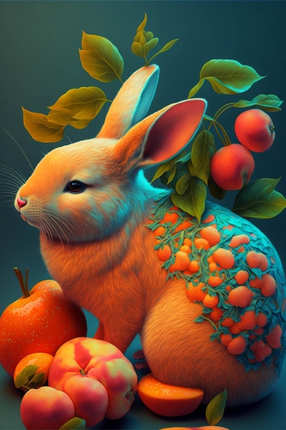 果物の山の隣に座っているウサギの生成 AI
