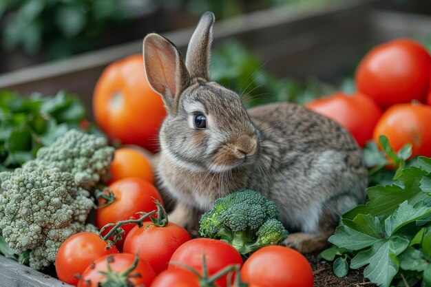 Photo rabbit sitting in pile of vegetables