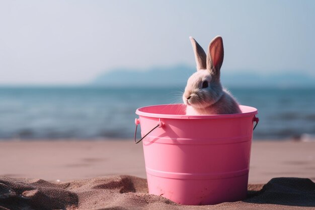 Foto il coniglio seduto in un secchio rosa in spiaggia
