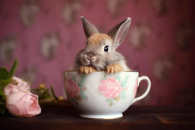 The rabbit sitting in a pink tea cup