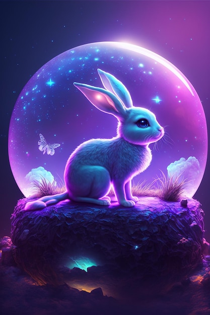 Rabbit sitting on top of a rock under a full moon generative ai