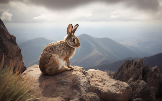 Rabbit sitting on top rocky mountain