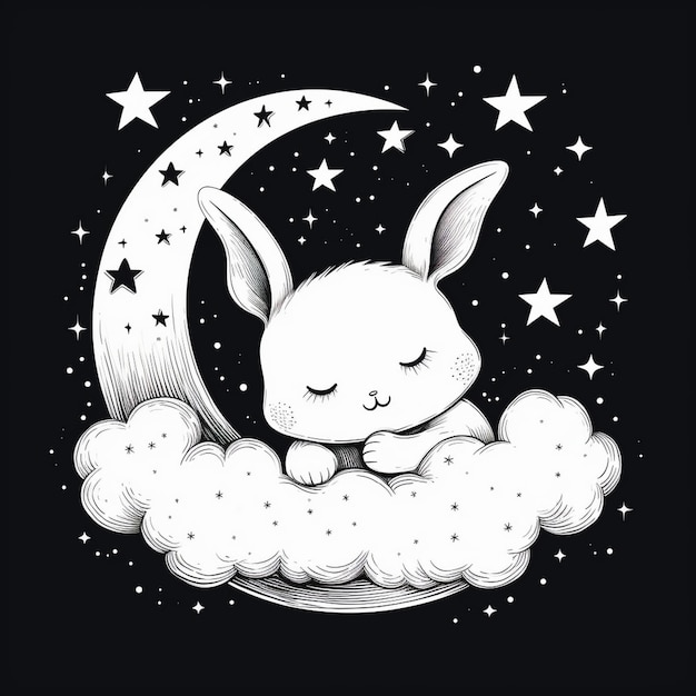 별과 달을 배경으로 구름 위에서 자고 있는 토끼.