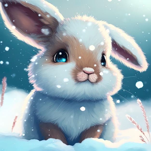 a rabbit in the snow with a snow background