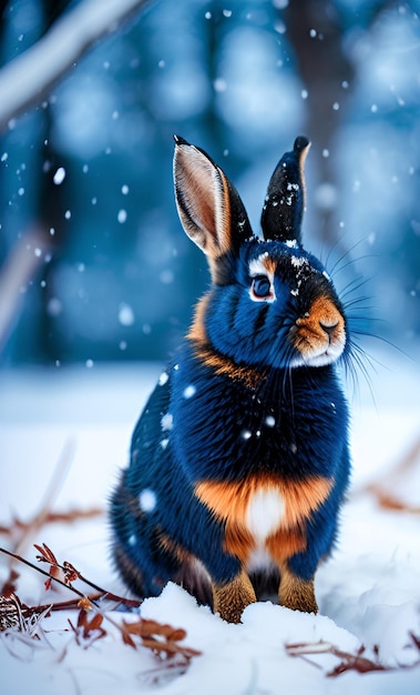 A rabbit in the snow with snow falling