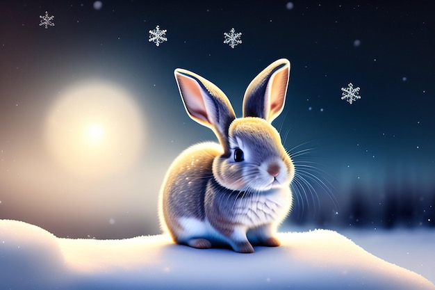 A rabbit in the snow with snowflakes on the background