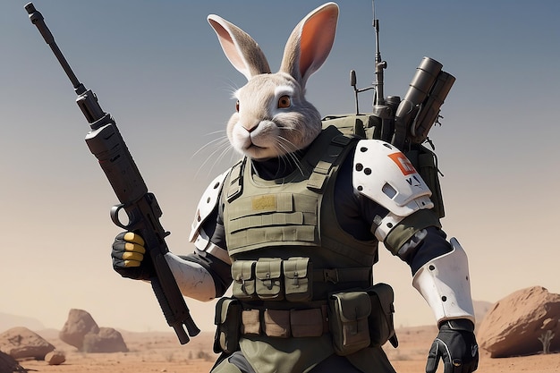 Photo a rabbit soldier ready for war with advance wepon