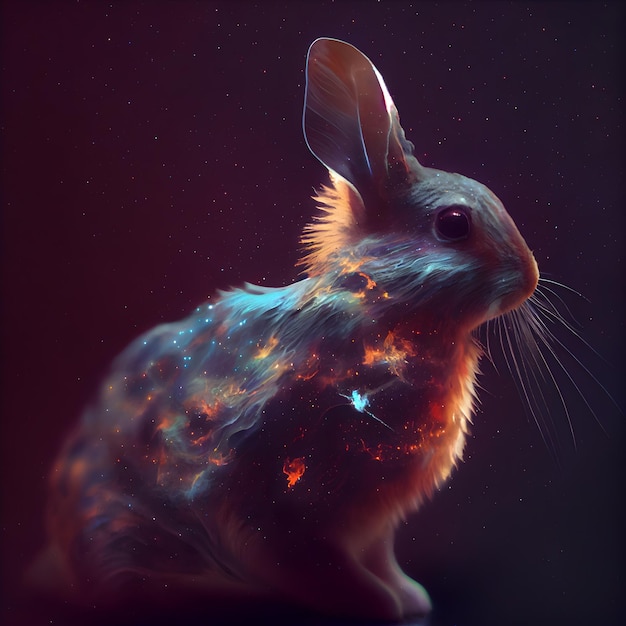 Rabbit in space with stars and nebula 3d rendering