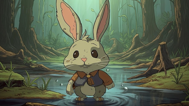 A rabbit standing in a swamp with a forest background