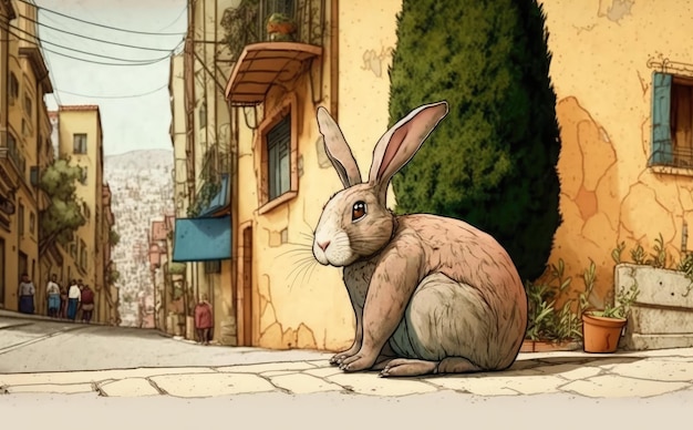 A rabbit in a street with a shop in the background. watercolor cartoon style ai generated