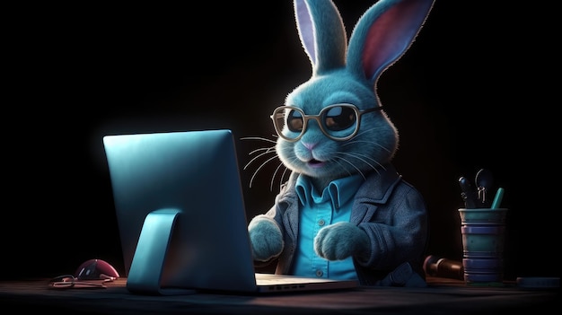 A rabbit in a suit is working on a computer.